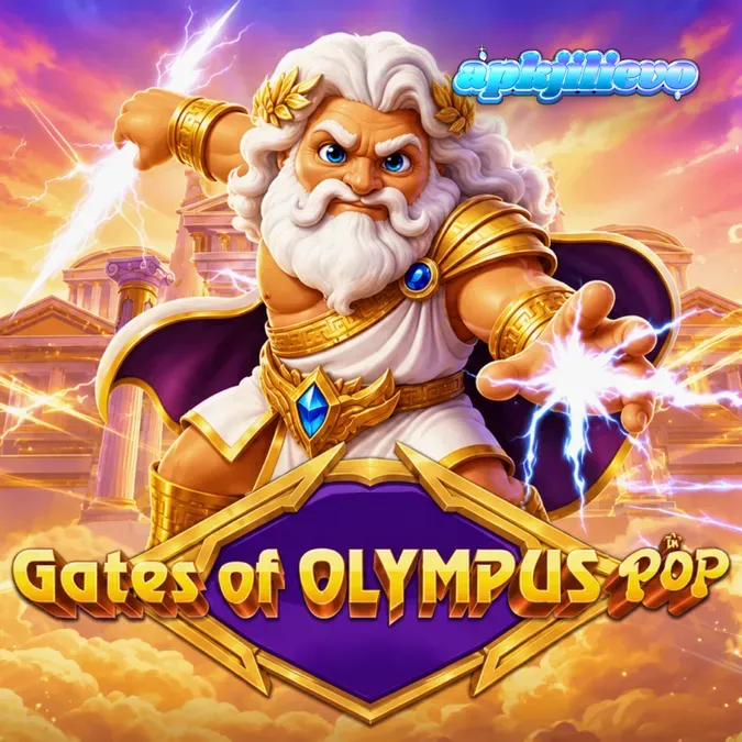 Tampilan visual slot Gates of Olympus POP dengan simbol petir dan latar belakang mitologi Yunani